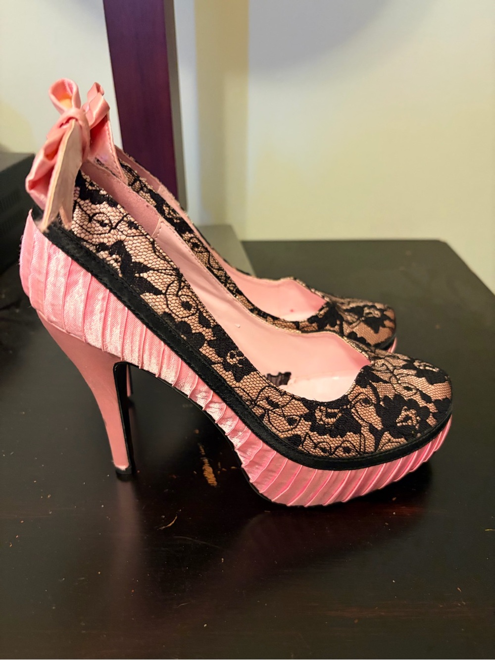Bettie Page Pink and Black Lace Platform Heels with Bow
